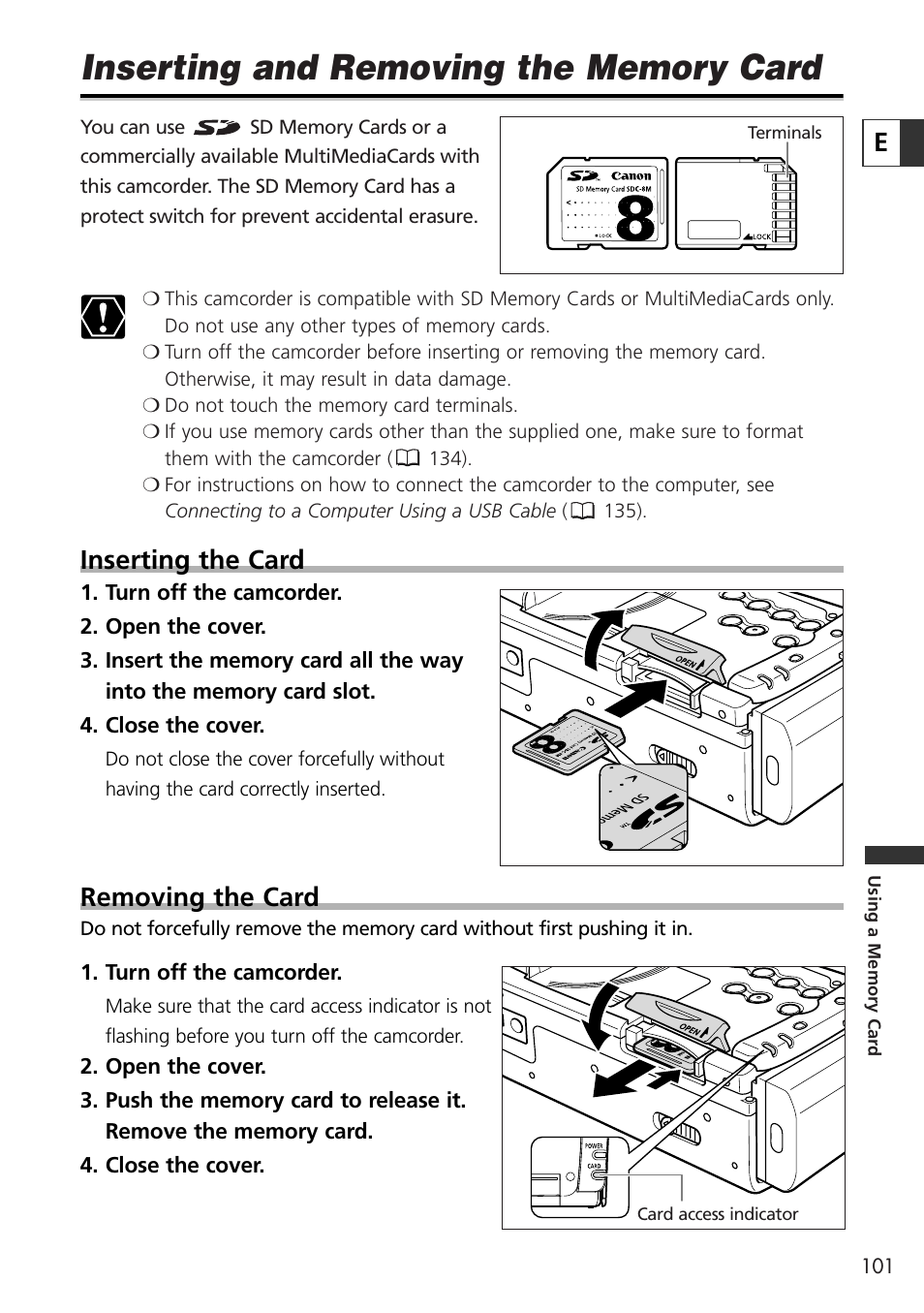 Inserting the card, Removing the card | Canon OPTURA10 User Manual | Page 101 / 163