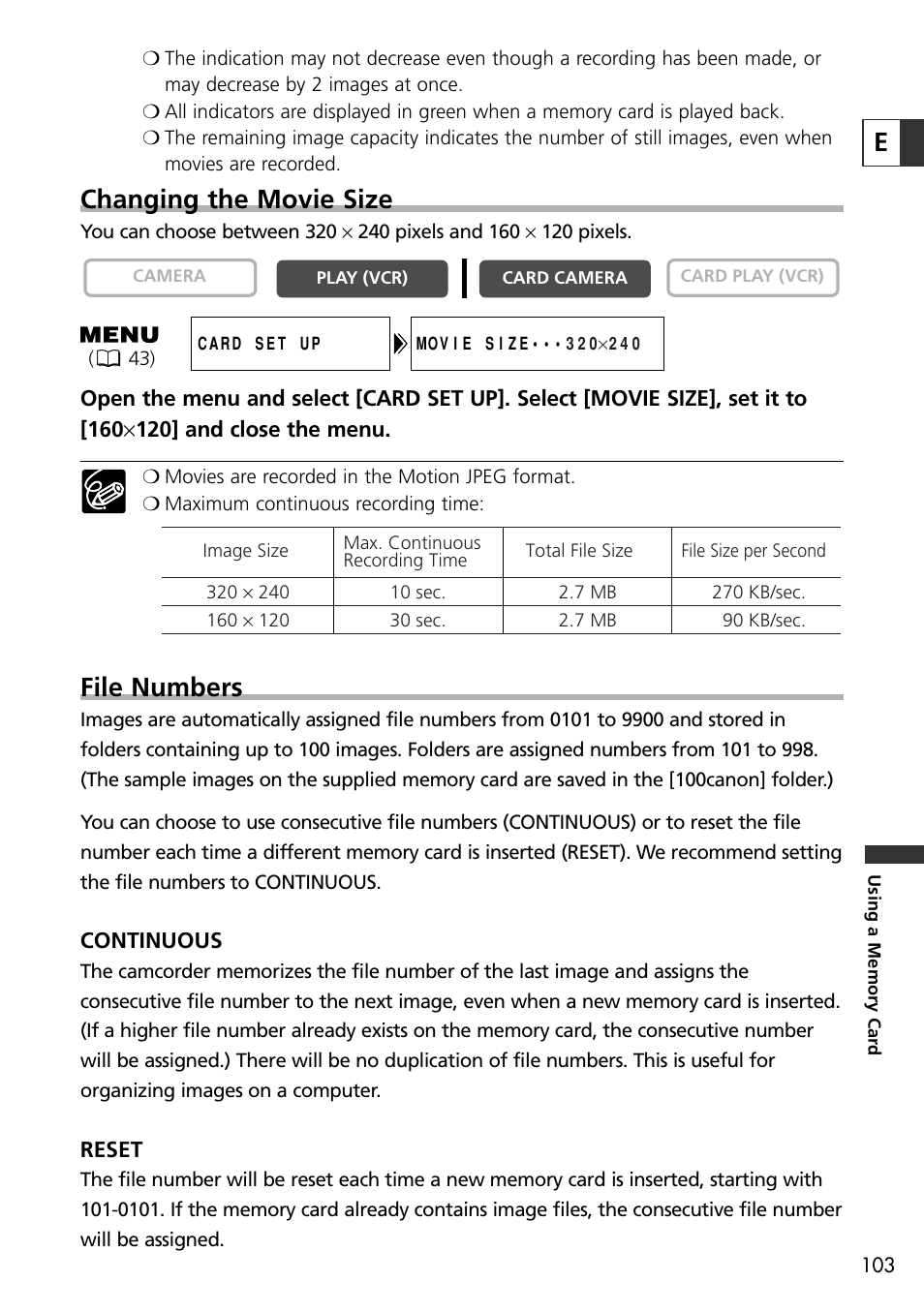 Changing the movie size, File numbers | Canon OPTURA10 User Manual | Page 103 / 163