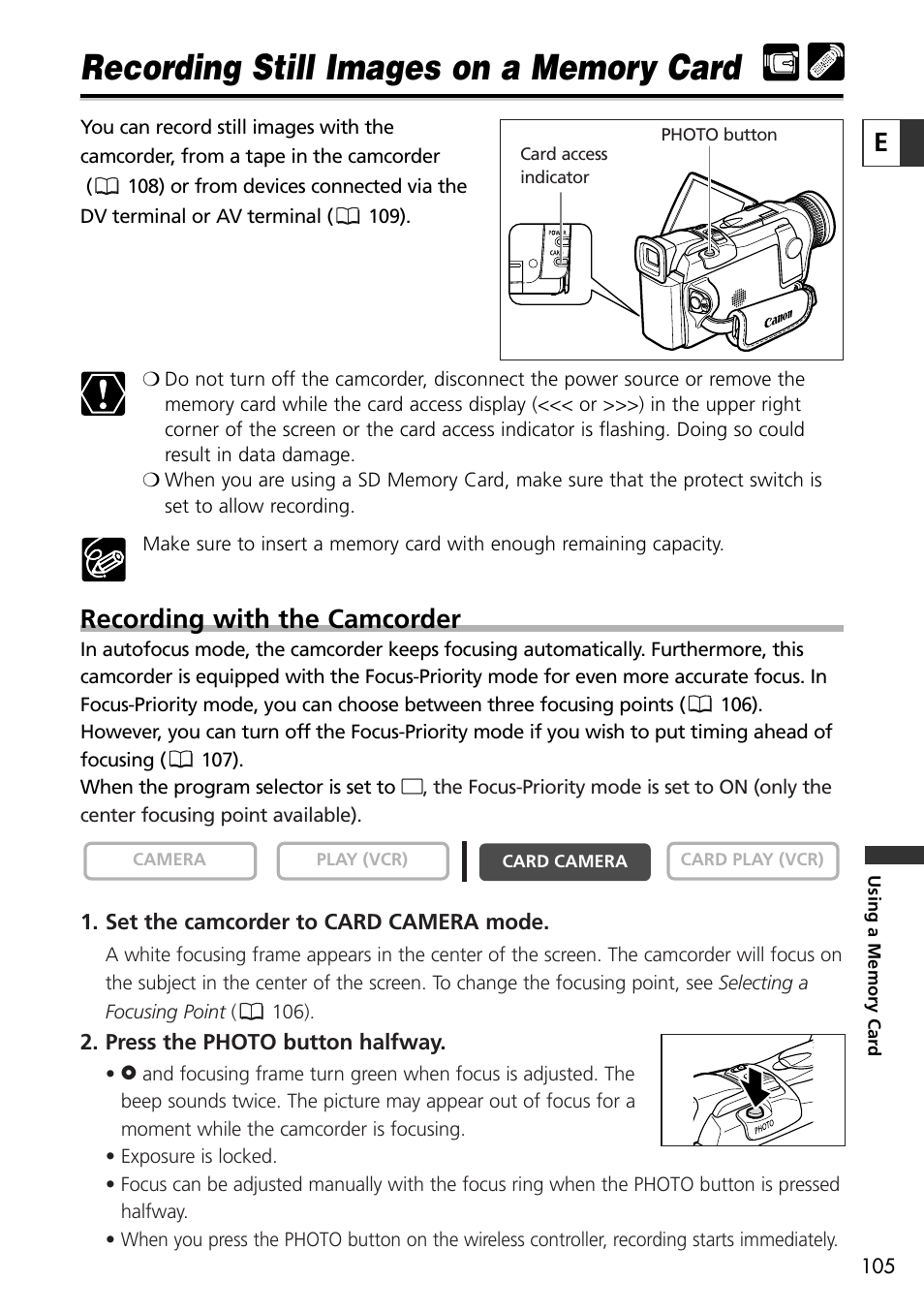 Recording with the camcorder | Canon OPTURA10 User Manual | Page 105 / 163