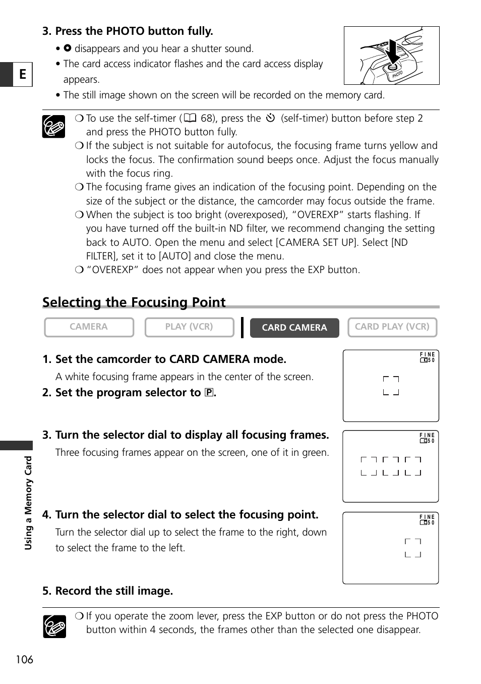 Selecting the focusing point | Canon OPTURA10 User Manual | Page 106 / 163