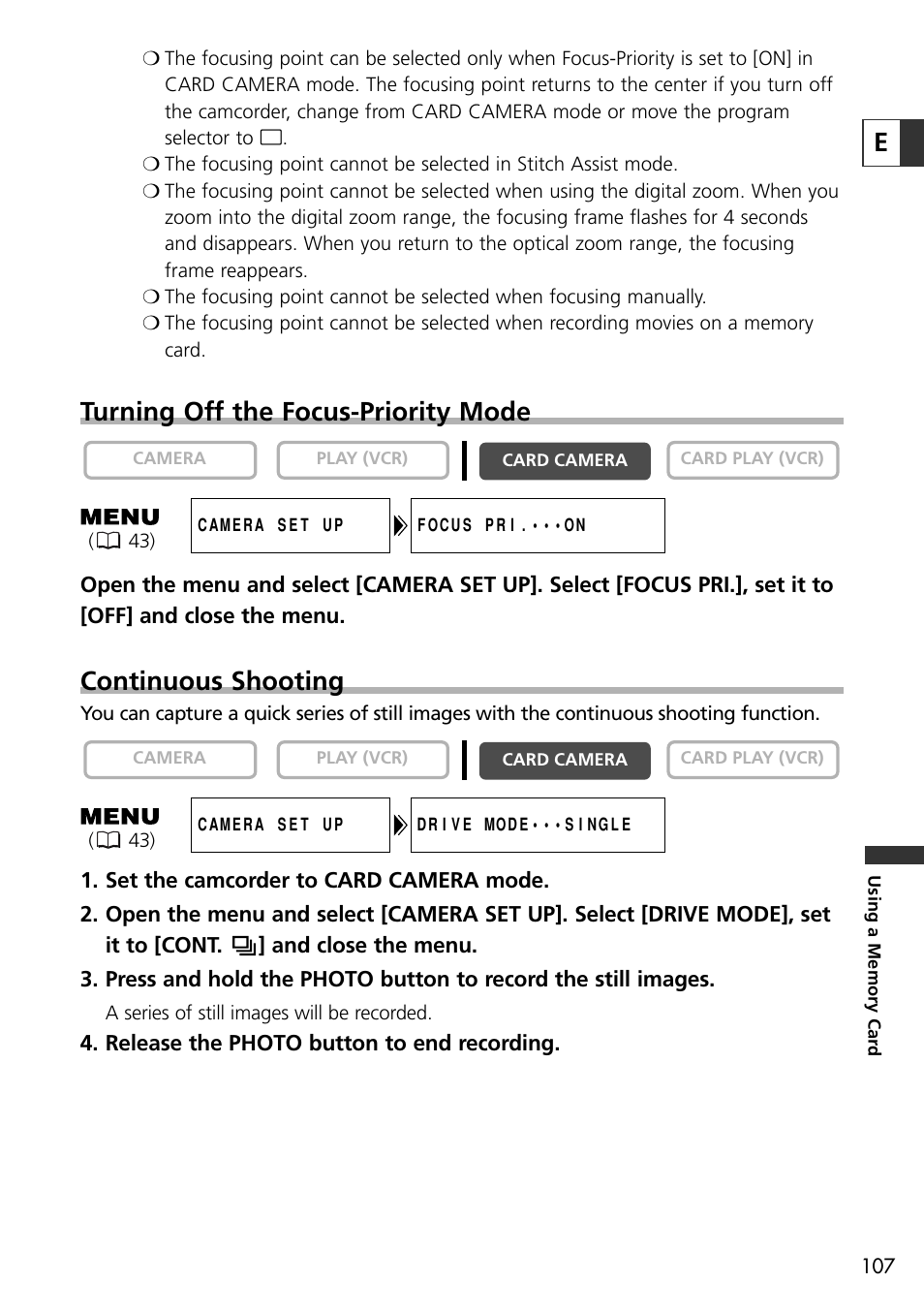 Turning off the focus-priority mode, Continuous shooting | Canon OPTURA10 User Manual | Page 107 / 163