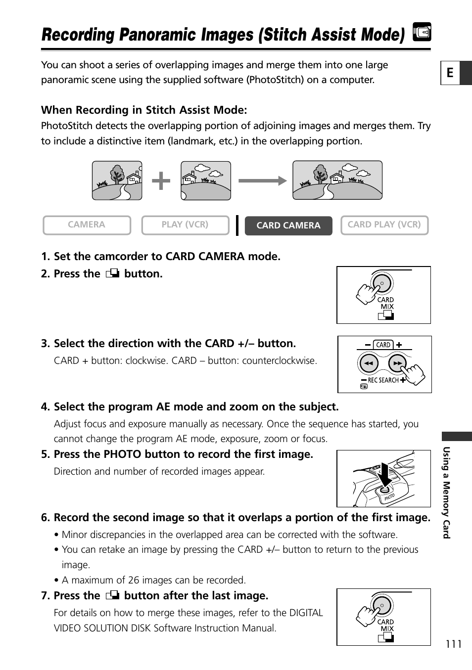 Recording panoramic images (stitch assist mode) | Canon OPTURA10 User Manual | Page 111 / 163