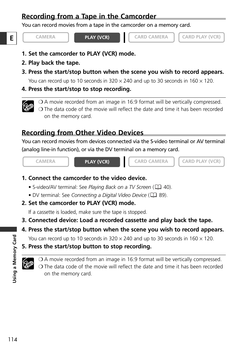 Erecording from a tape in the camcorder, Recording from other video devices | Canon OPTURA10 User Manual | Page 114 / 163