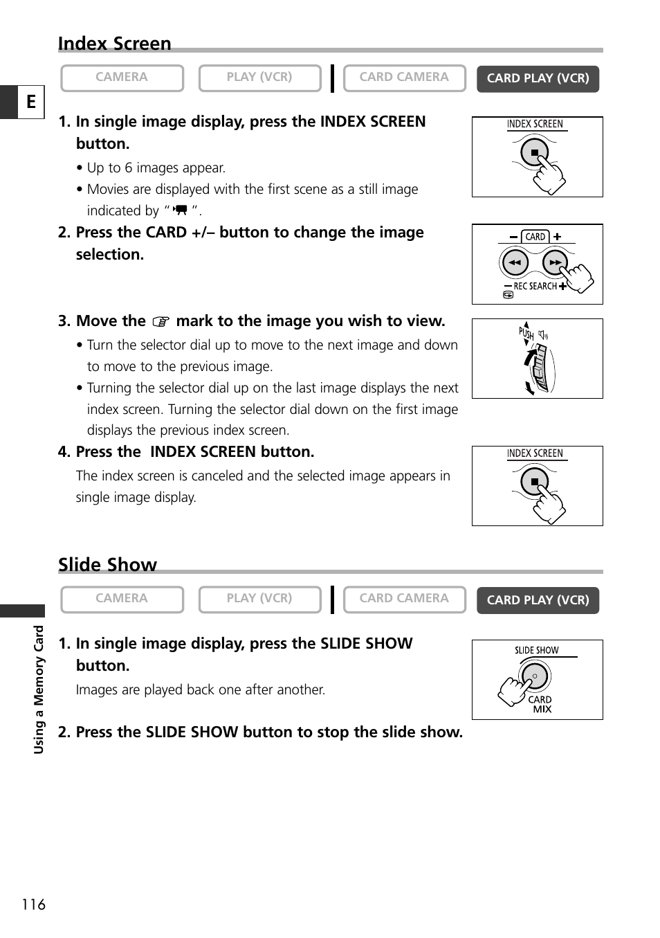 Eindex screen, Slide show | Canon OPTURA10 User Manual | Page 116 / 163