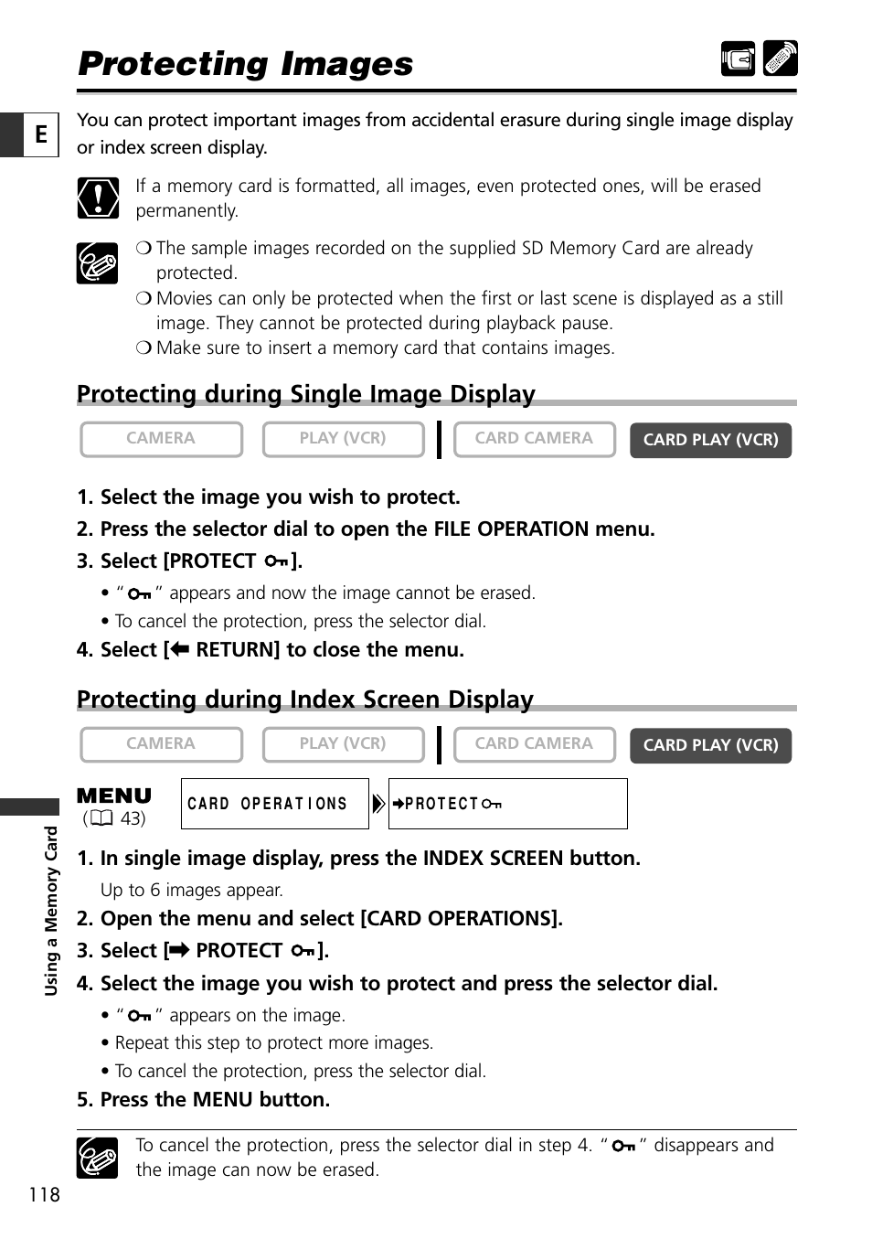 Protecting images, Protecting during single image display, Protecting during index screen display | Canon OPTURA10 User Manual | Page 118 / 163