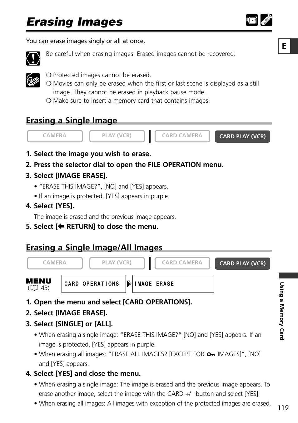 Erasing images, Erasing a single image, Erasing a single image/all images | Canon OPTURA10 User Manual | Page 119 / 163