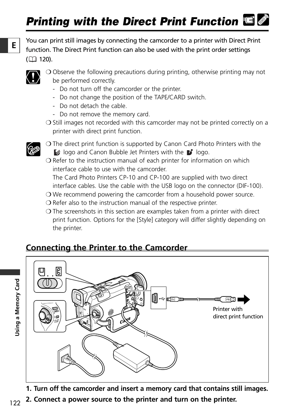 Printing with the direct print function, Connecting the printer to the camcorder | Canon OPTURA10 User Manual | Page 122 / 163