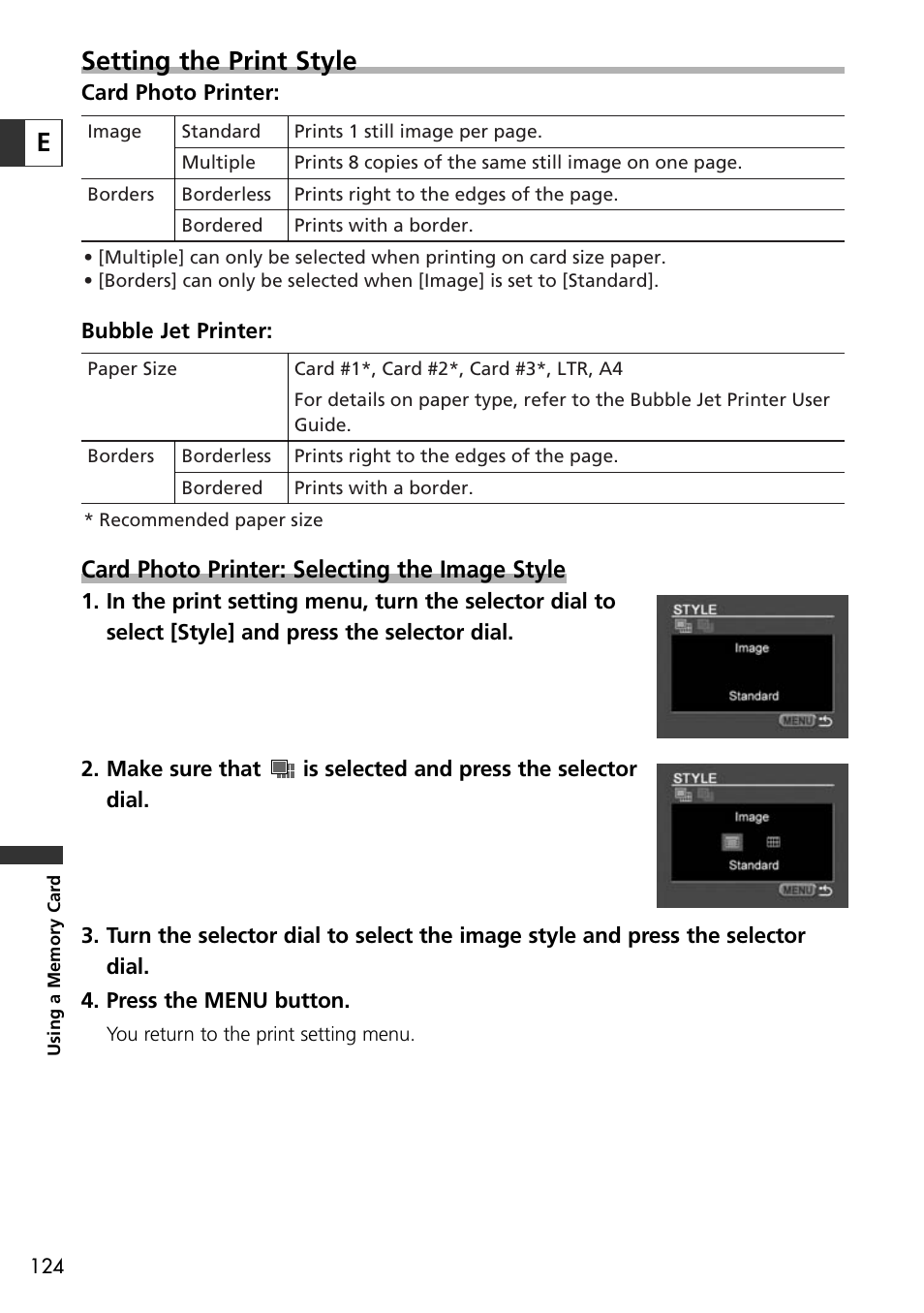 Esetting the print style, Card photo printer: selecting the image style | Canon OPTURA10 User Manual | Page 124 / 163