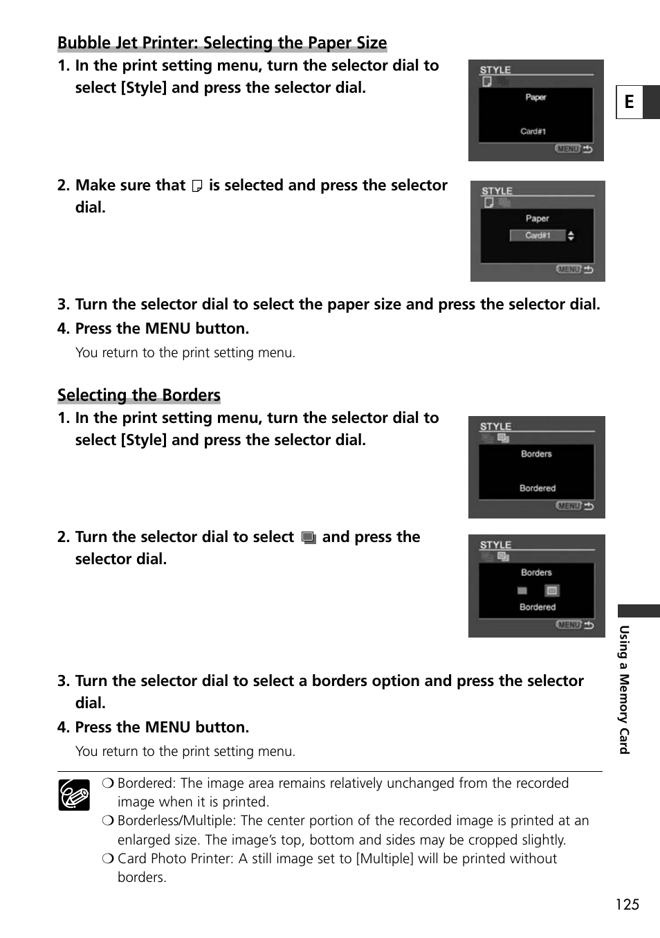 Bubble jet printer: selecting the paper size, Selecting the borders | Canon OPTURA10 User Manual | Page 125 / 163