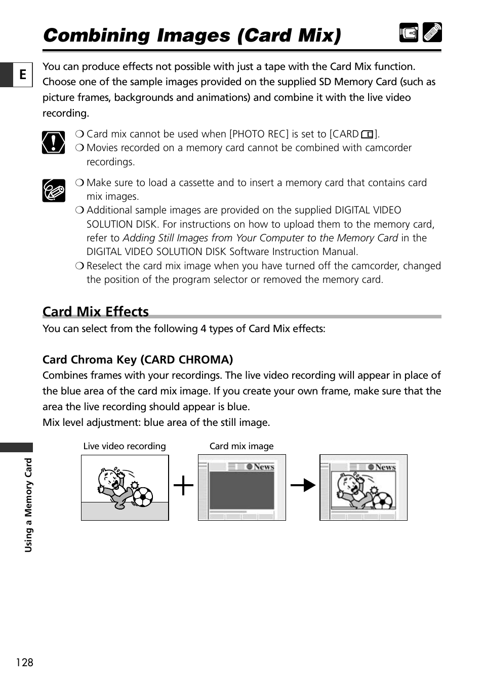 Combining images (card mix), Card mix effects | Canon OPTURA10 User Manual | Page 128 / 163