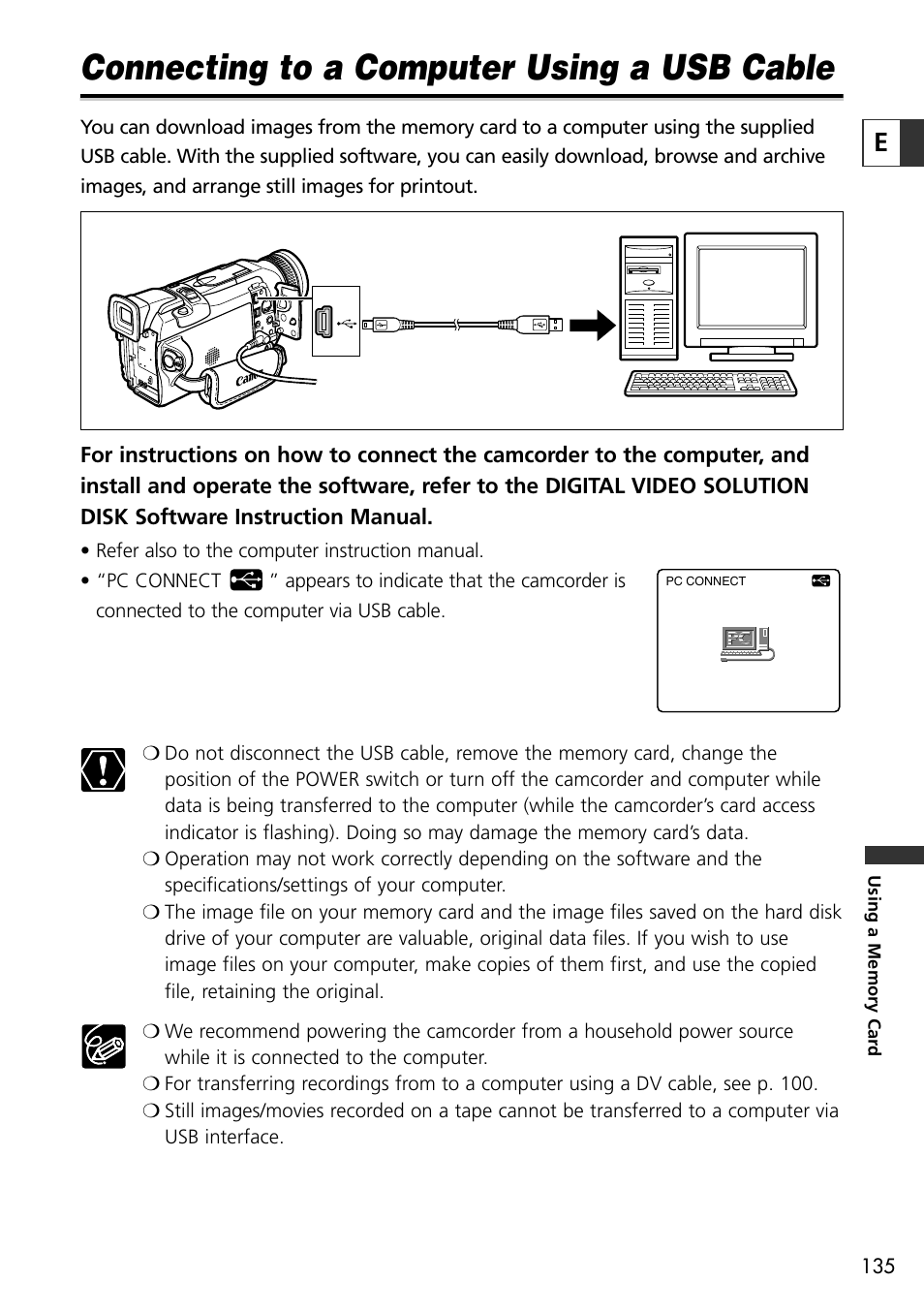 Connecting to a computer using a usb cable | Canon OPTURA10 User Manual | Page 135 / 163