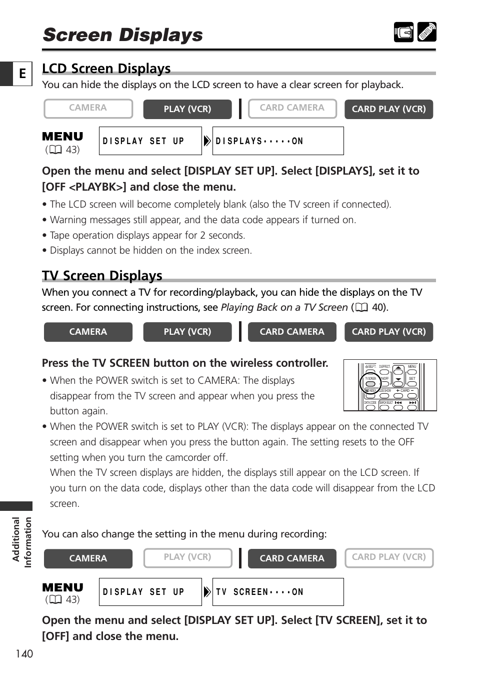 Screen displays, Lcd screen displays, Tv screen displays | Canon OPTURA10 User Manual | Page 140 / 163