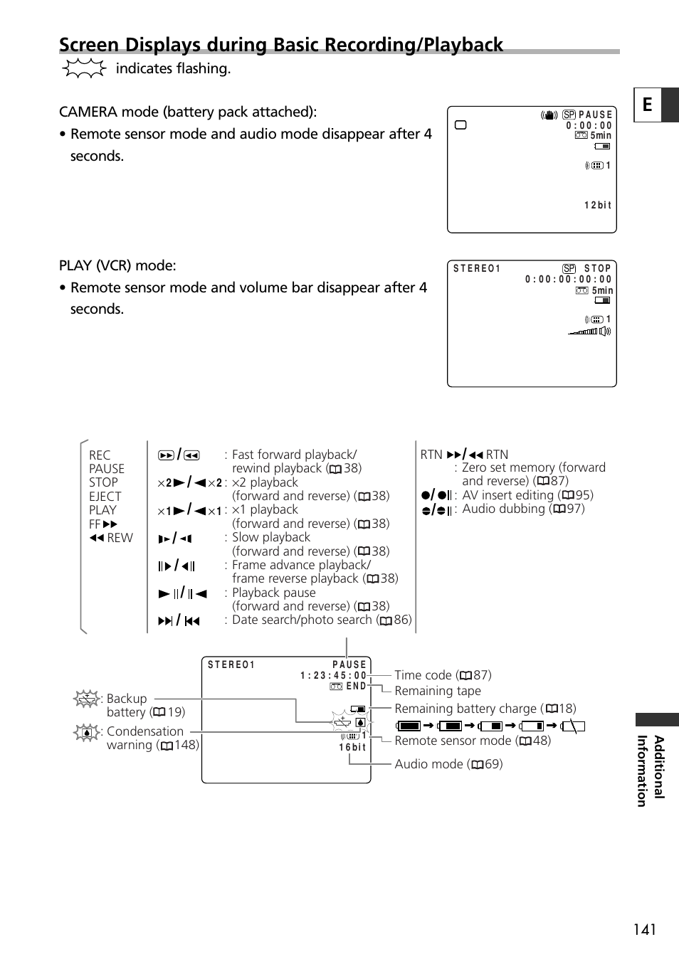 Escreen displays during basic recording/playback | Canon OPTURA10 User Manual | Page 141 / 163