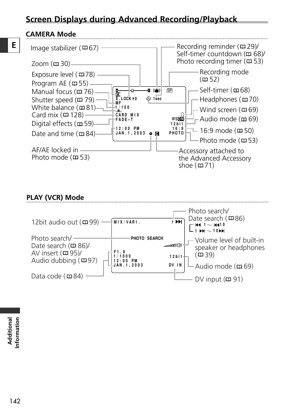 Screen displays during advanced recording/playback, Play (vcr) mode | Canon OPTURA10 User Manual | Page 142 / 163