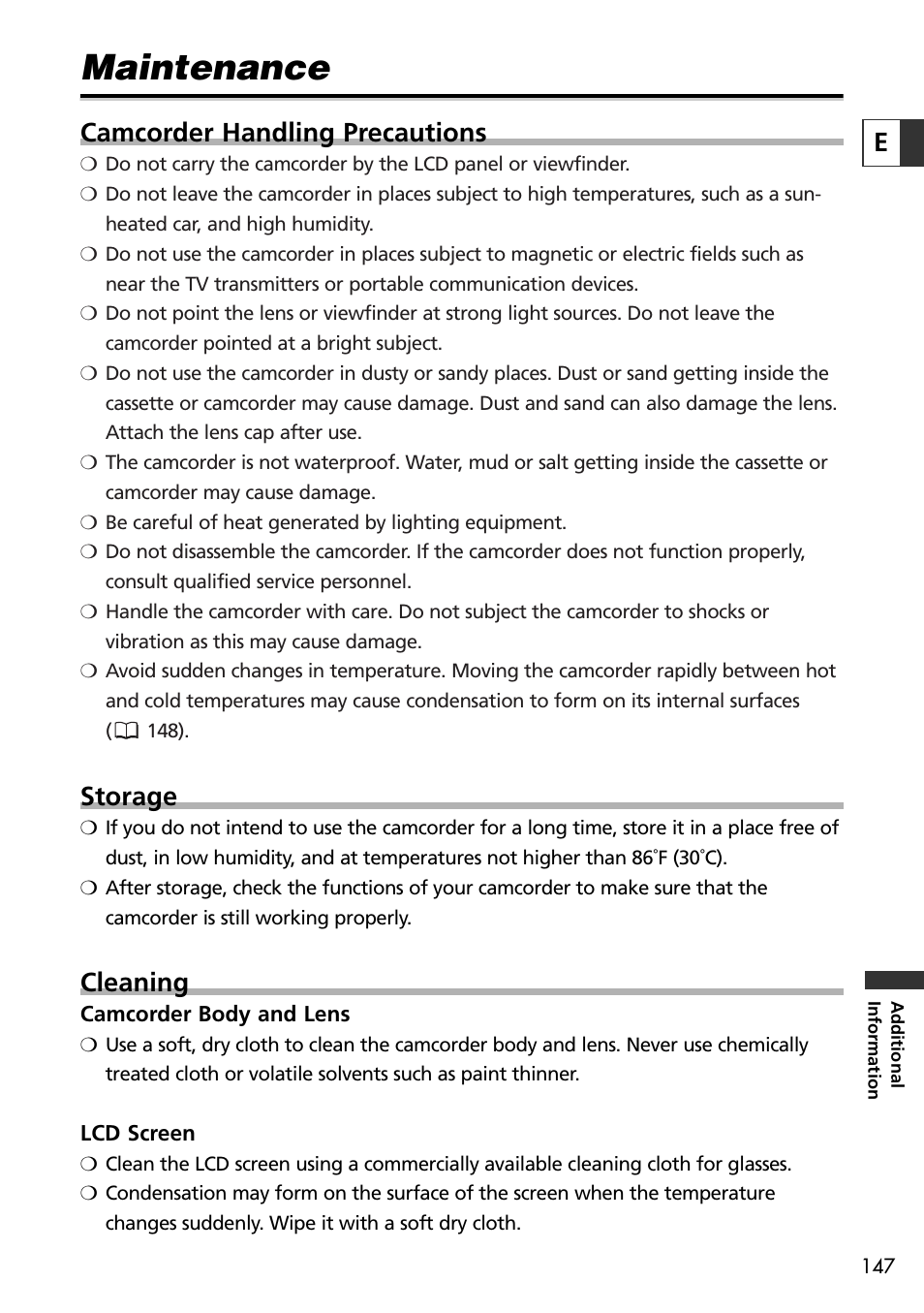 Maintenance, Camcorder handling precautions, Storage | Cleaning | Canon OPTURA10 User Manual | Page 147 / 163