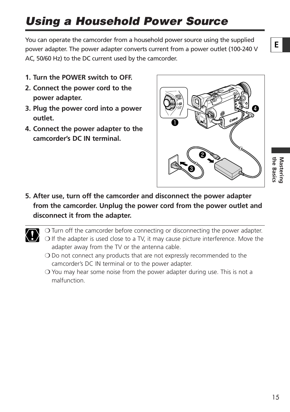 Using a household power source | Canon OPTURA10 User Manual | Page 15 / 163