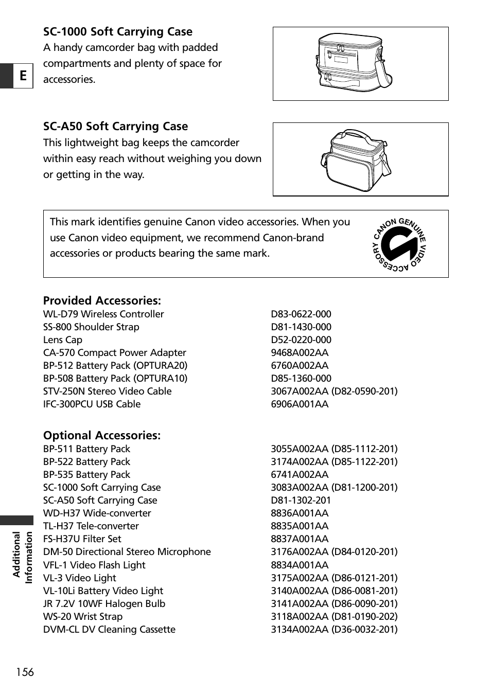 Sc-1000 soft carrying case, Sc-a50 soft carrying case, Provided accessories | Optional accessories | Canon OPTURA10 User Manual | Page 156 / 163
