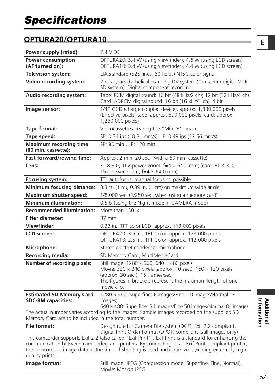 Specifications, Optura20/optura10 | Canon OPTURA10 User Manual | Page 157 / 163