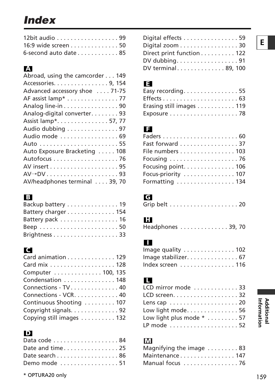 Index | Canon OPTURA10 User Manual | Page 159 / 163