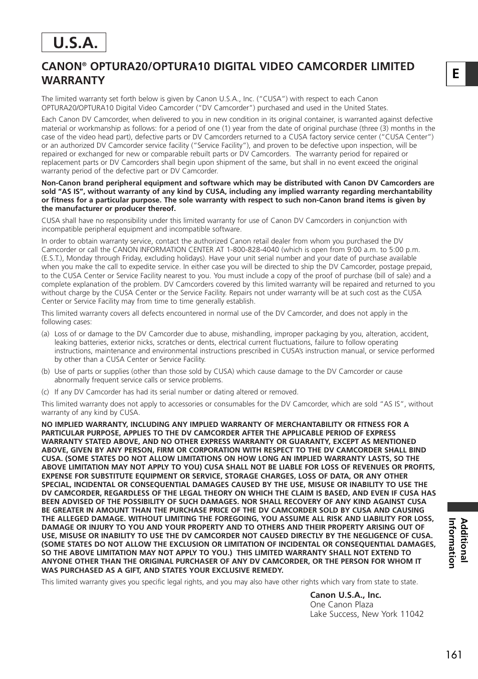 U.s.a, Canon | Canon OPTURA10 User Manual | Page 161 / 163