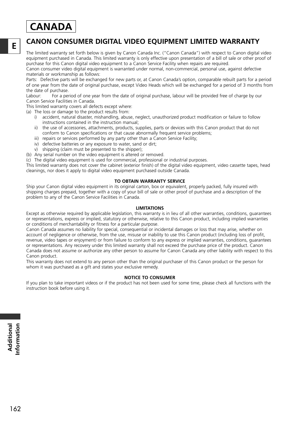 Canada | Canon OPTURA10 User Manual | Page 162 / 163