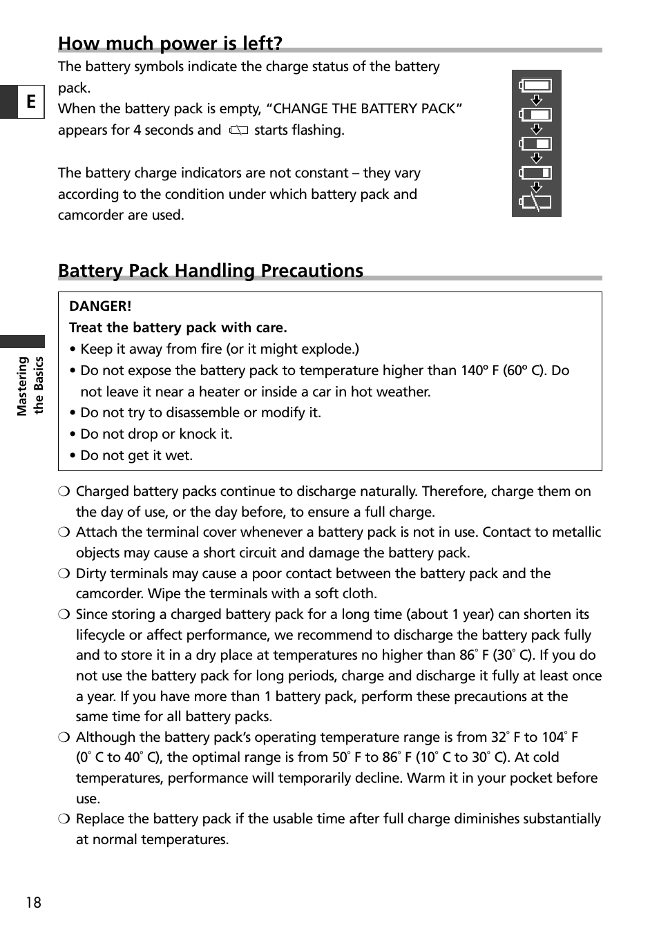 How much power is left, Battery pack handling precautions | Canon OPTURA10 User Manual | Page 18 / 163