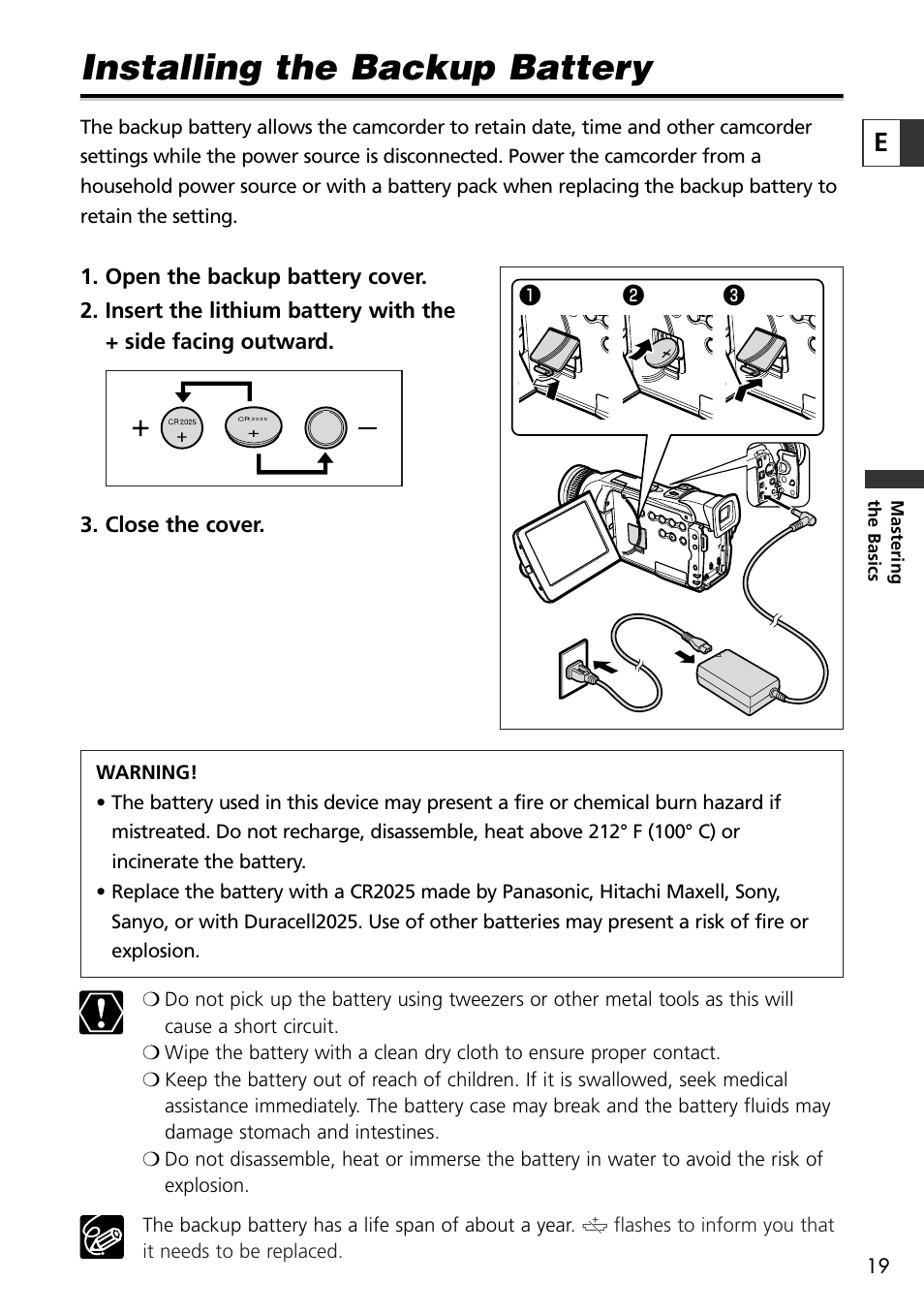 Installing the backup battery | Canon OPTURA10 User Manual | Page 19 / 163