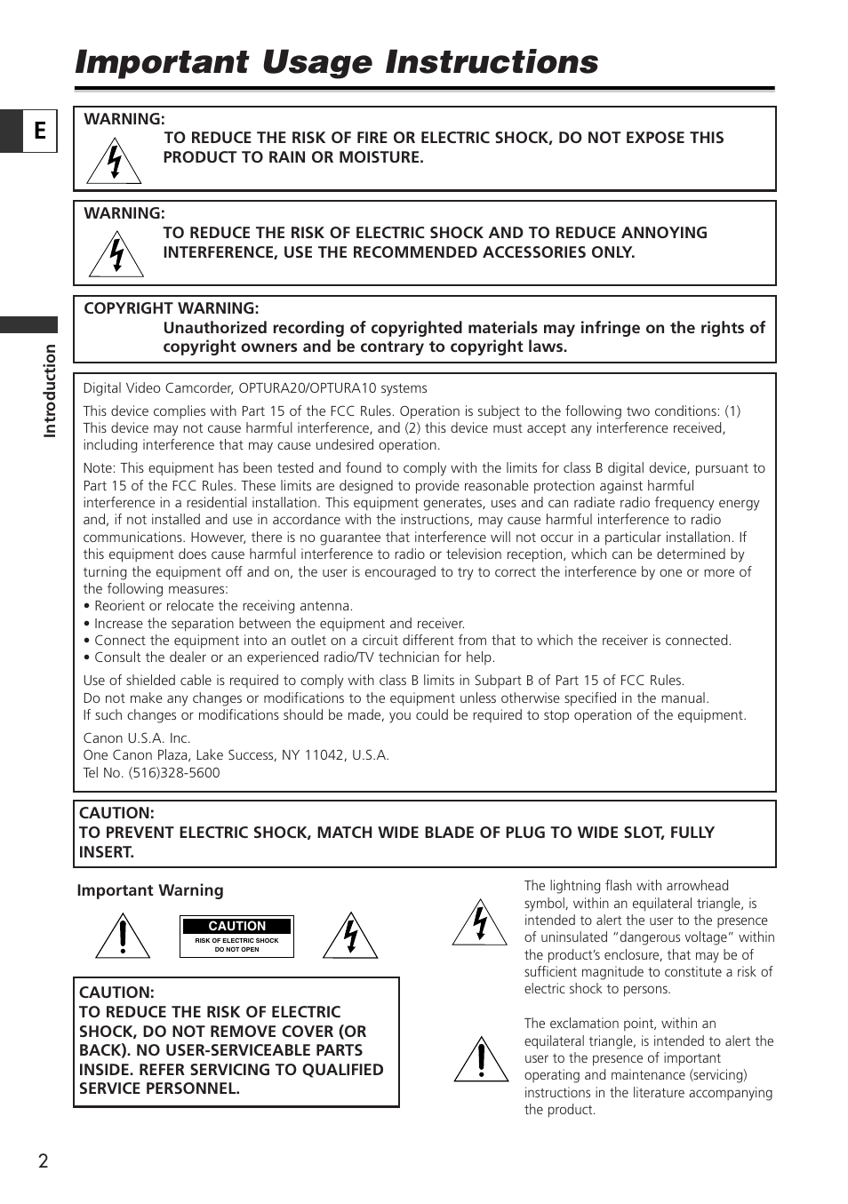 Important usage instructions | Canon OPTURA10 User Manual | Page 2 / 163