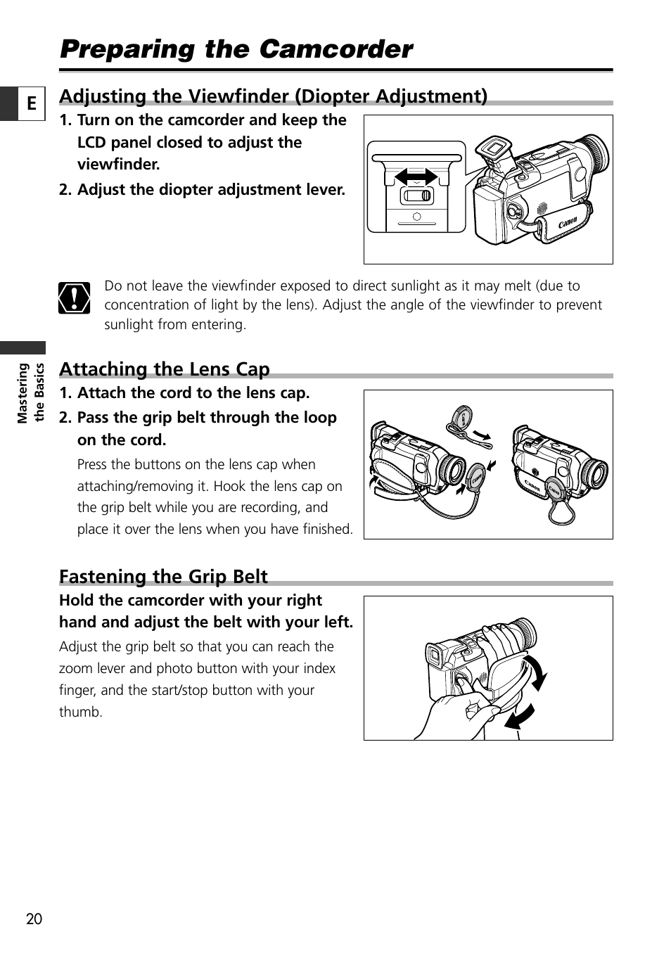 Preparing the camcorder, Adjusting the viewfinder (diopter adjustment), Attaching the lens cap | Fastening the grip belt | Canon OPTURA10 User Manual | Page 20 / 163