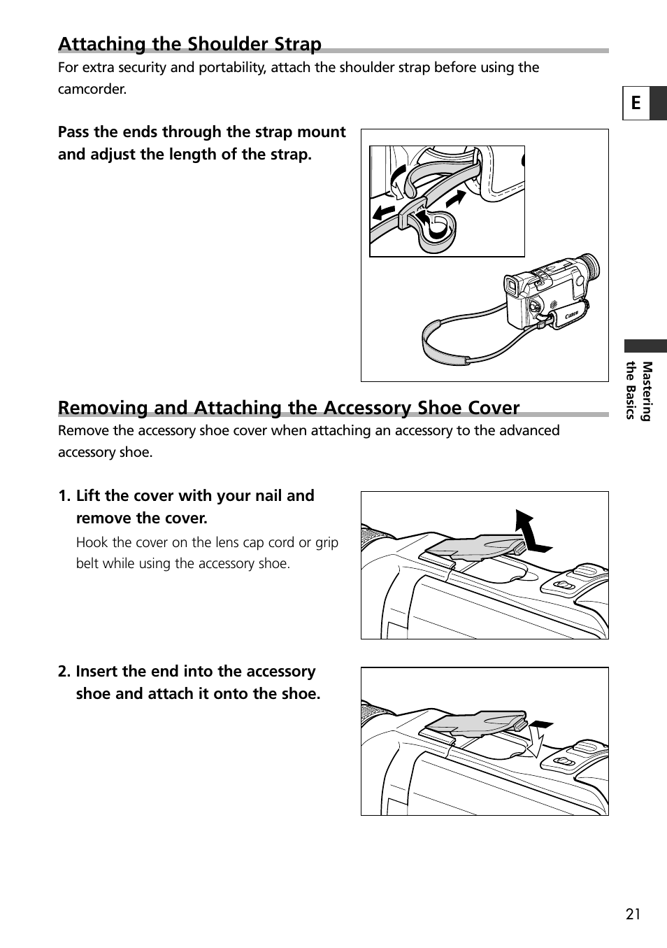 Eattaching the shoulder strap, Removing and attaching the accessory shoe cover | Canon OPTURA10 User Manual | Page 21 / 163