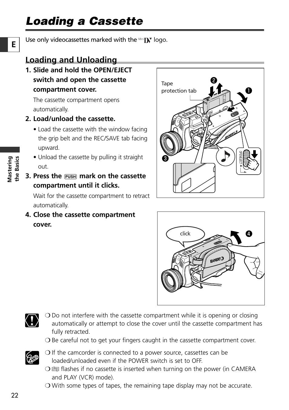 Loading a cassette, Loading and unloading | Canon OPTURA10 User Manual | Page 22 / 163