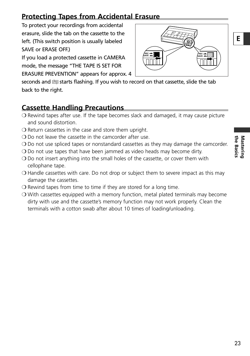 Protecting tapes from accidental erasure, Cassette handling precautions | Canon OPTURA10 User Manual | Page 23 / 163