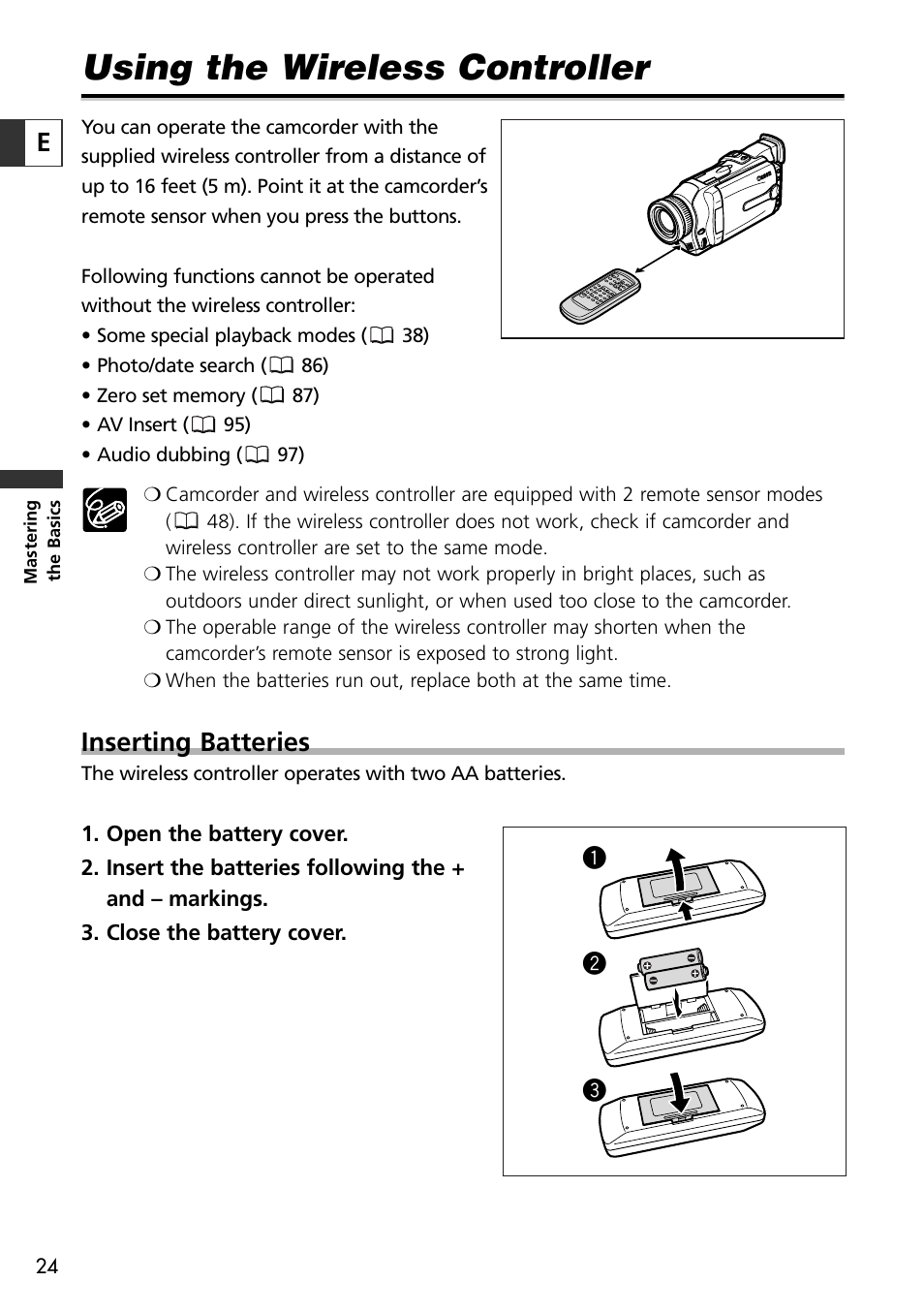 Using the wireless controller, Inserting batteries | Canon OPTURA10 User Manual | Page 24 / 163
