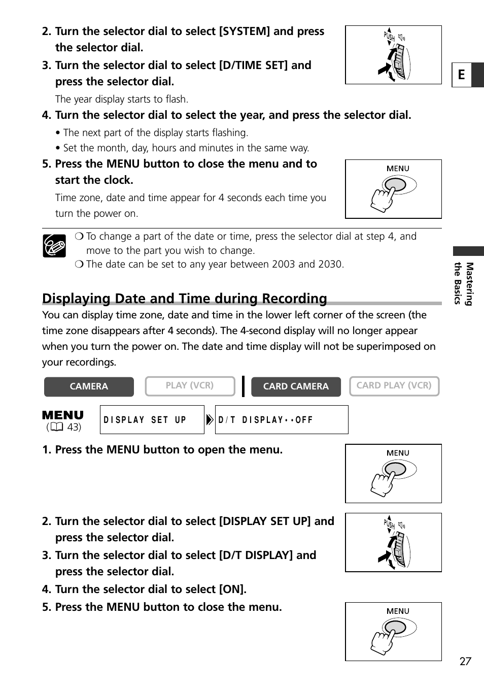 Displaying date and time during recording | Canon OPTURA10 User Manual | Page 27 / 163