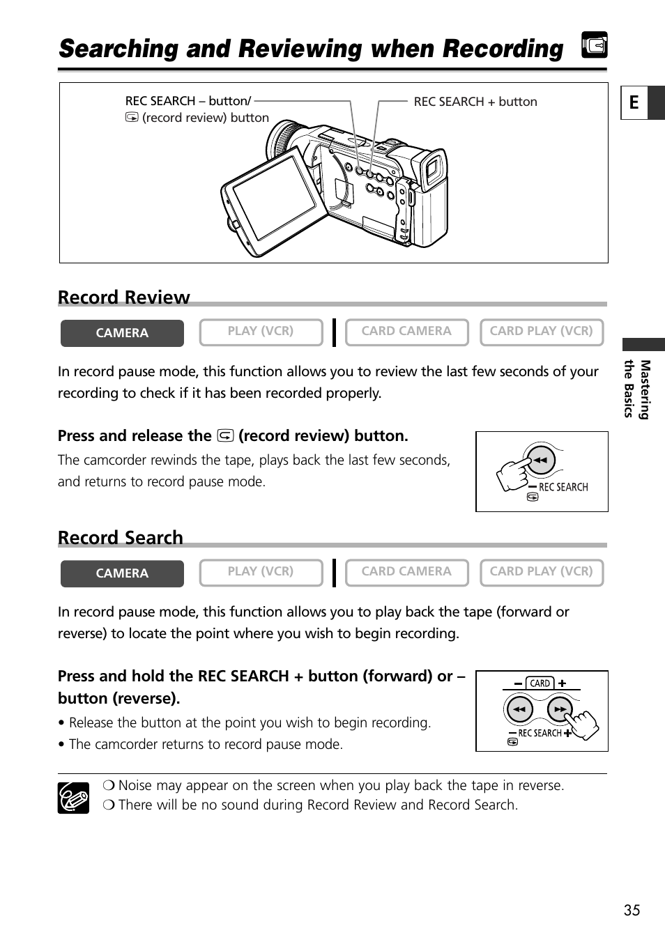 Searching and reviewing when recording, Record review, Record search | Canon OPTURA10 User Manual | Page 35 / 163