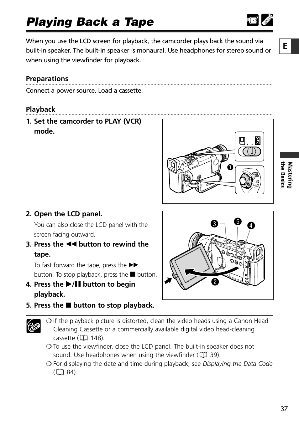 Playing back a tape, Et r w | Canon OPTURA10 User Manual | Page 37 / 163
