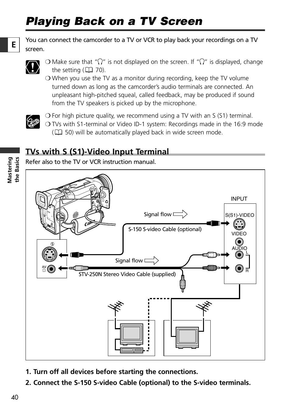 Playing back on a tv screen, Tvs with s (s1)-video input terminal | Canon OPTURA10 User Manual | Page 40 / 163