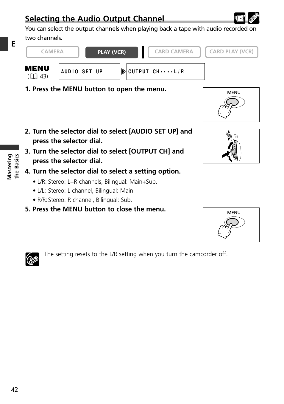 Selecting the audio output channel | Canon OPTURA10 User Manual | Page 42 / 163