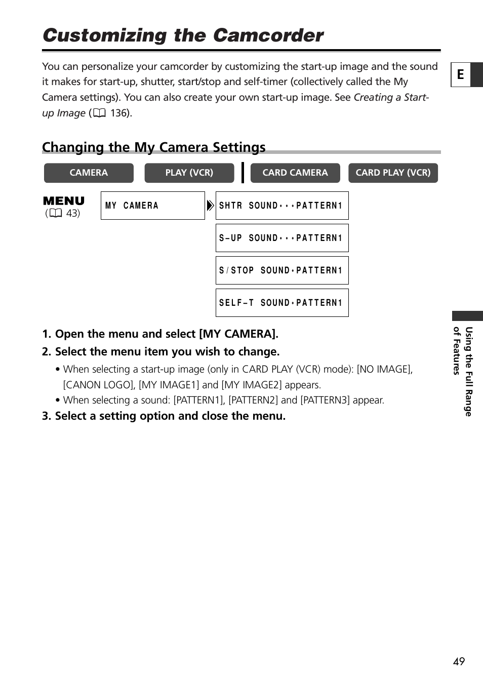 Customizing the camcorder, Changing the my camera settings | Canon OPTURA10 User Manual | Page 49 / 163