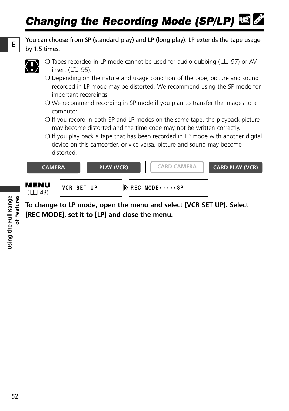 Changing the recording mode (sp/lp) | Canon OPTURA10 User Manual | Page 52 / 163