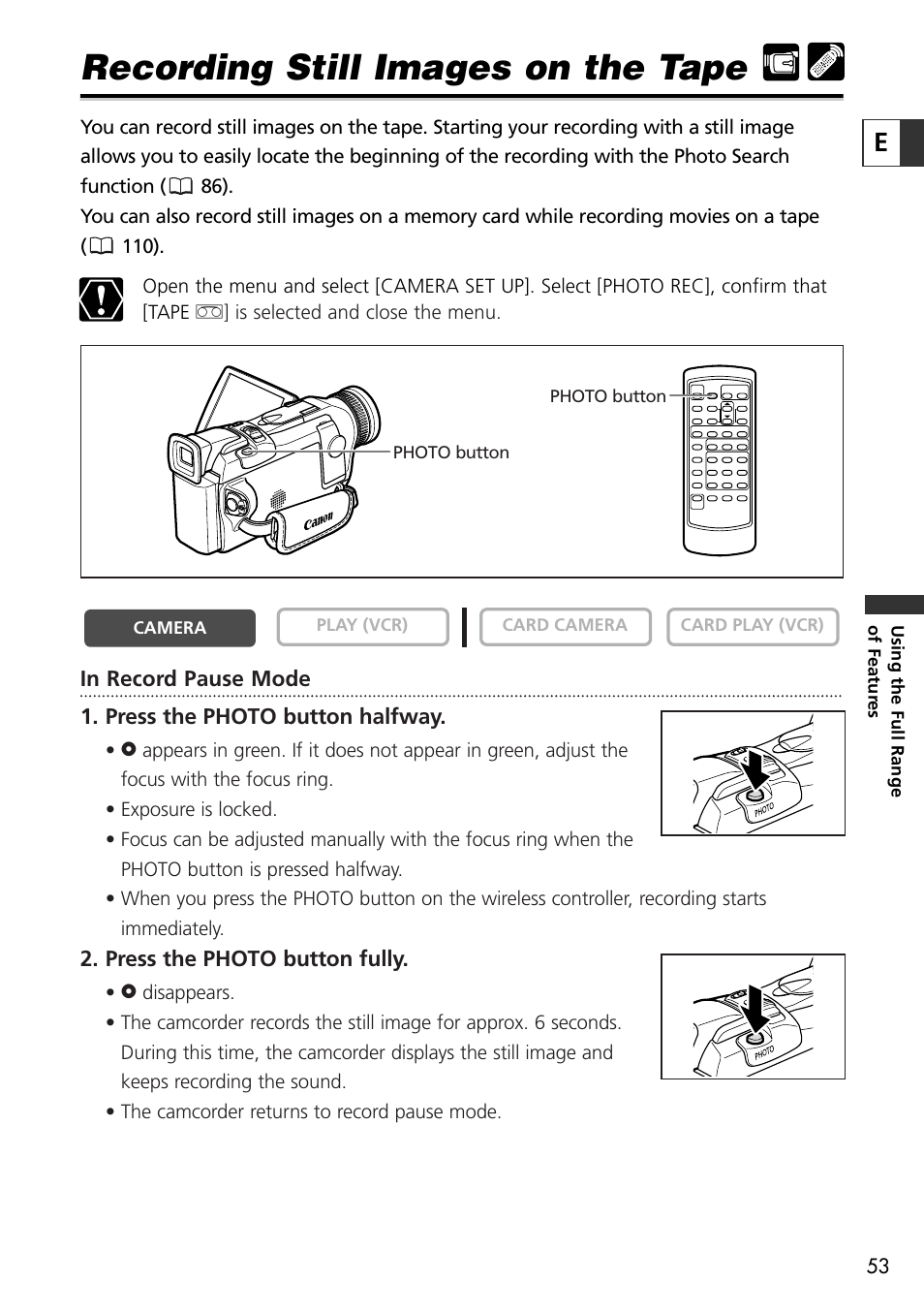 Recording still images on the tape | Canon OPTURA10 User Manual | Page 53 / 163