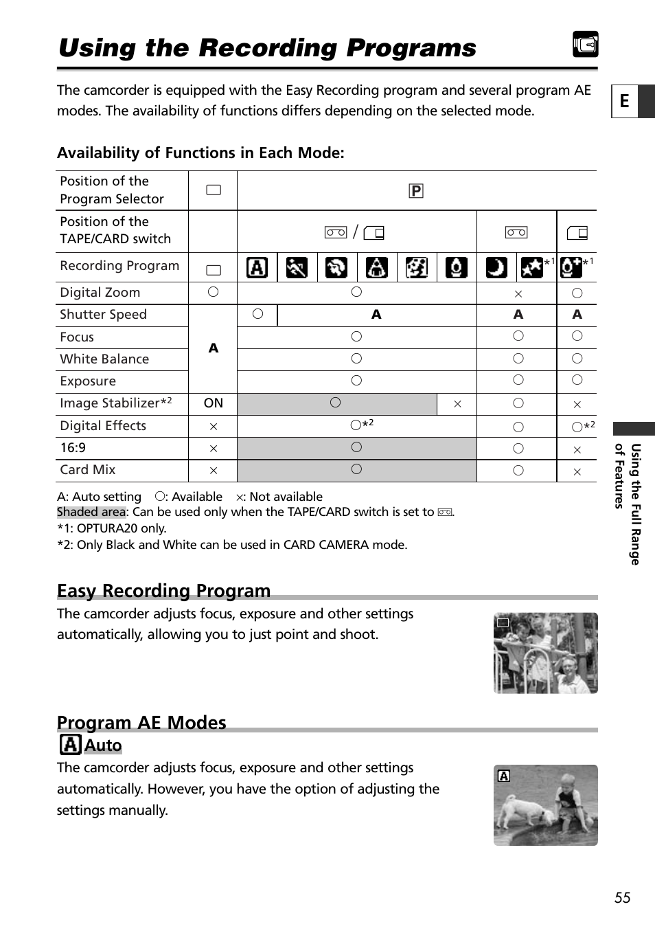 Using the recording programs, Qb b, Easy recording program | Program ae modes, Auto | Canon OPTURA10 User Manual | Page 55 / 163