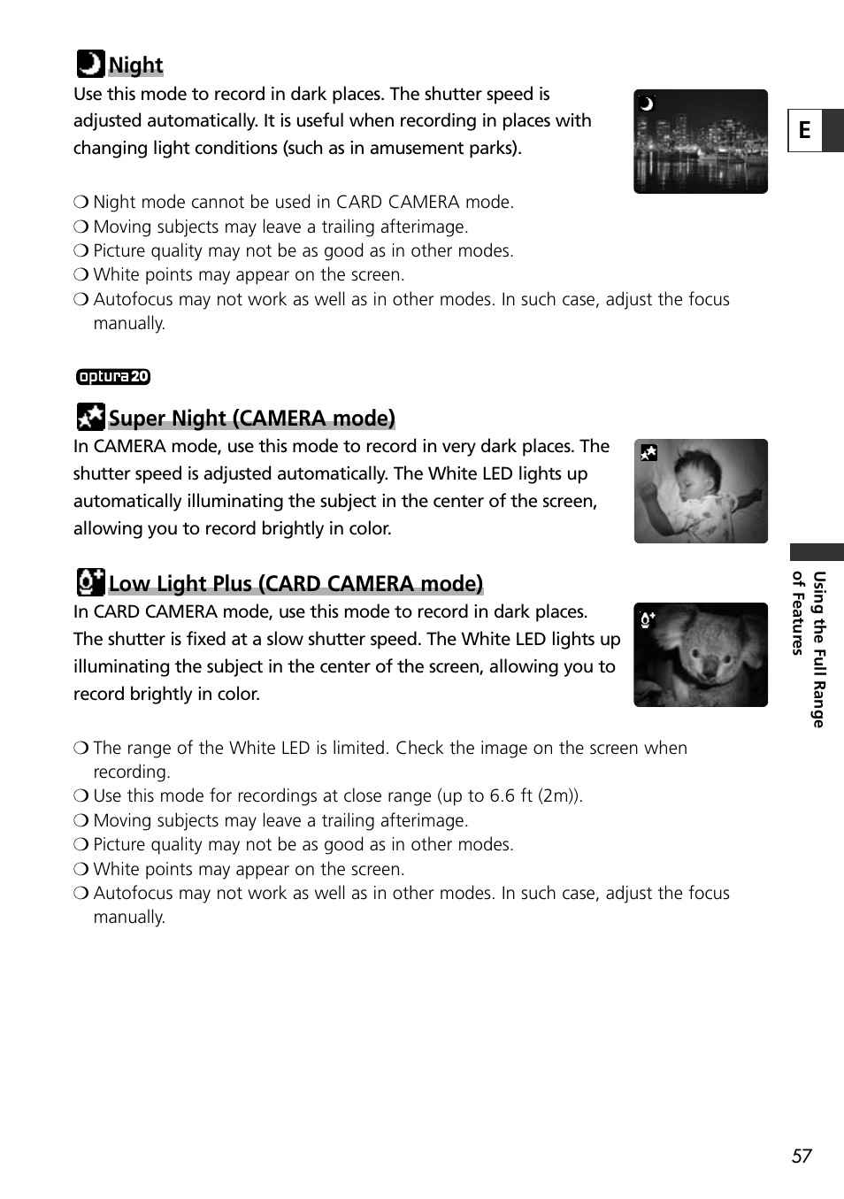 Night, Super night (camera mode), Low light plus (card camera mode) | Canon OPTURA10 User Manual | Page 57 / 163