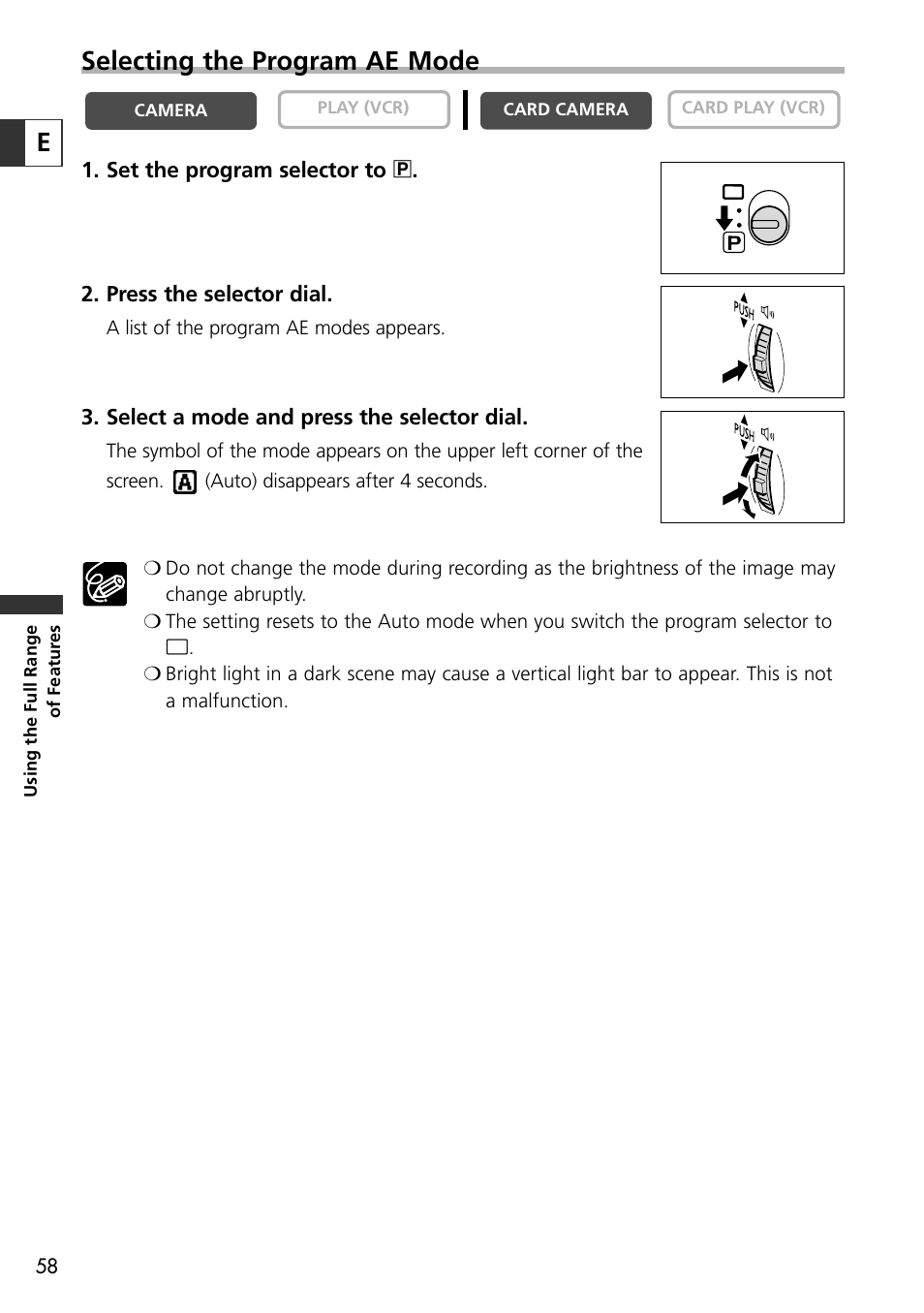 Selecting the program ae mode | Canon OPTURA10 User Manual | Page 58 / 163
