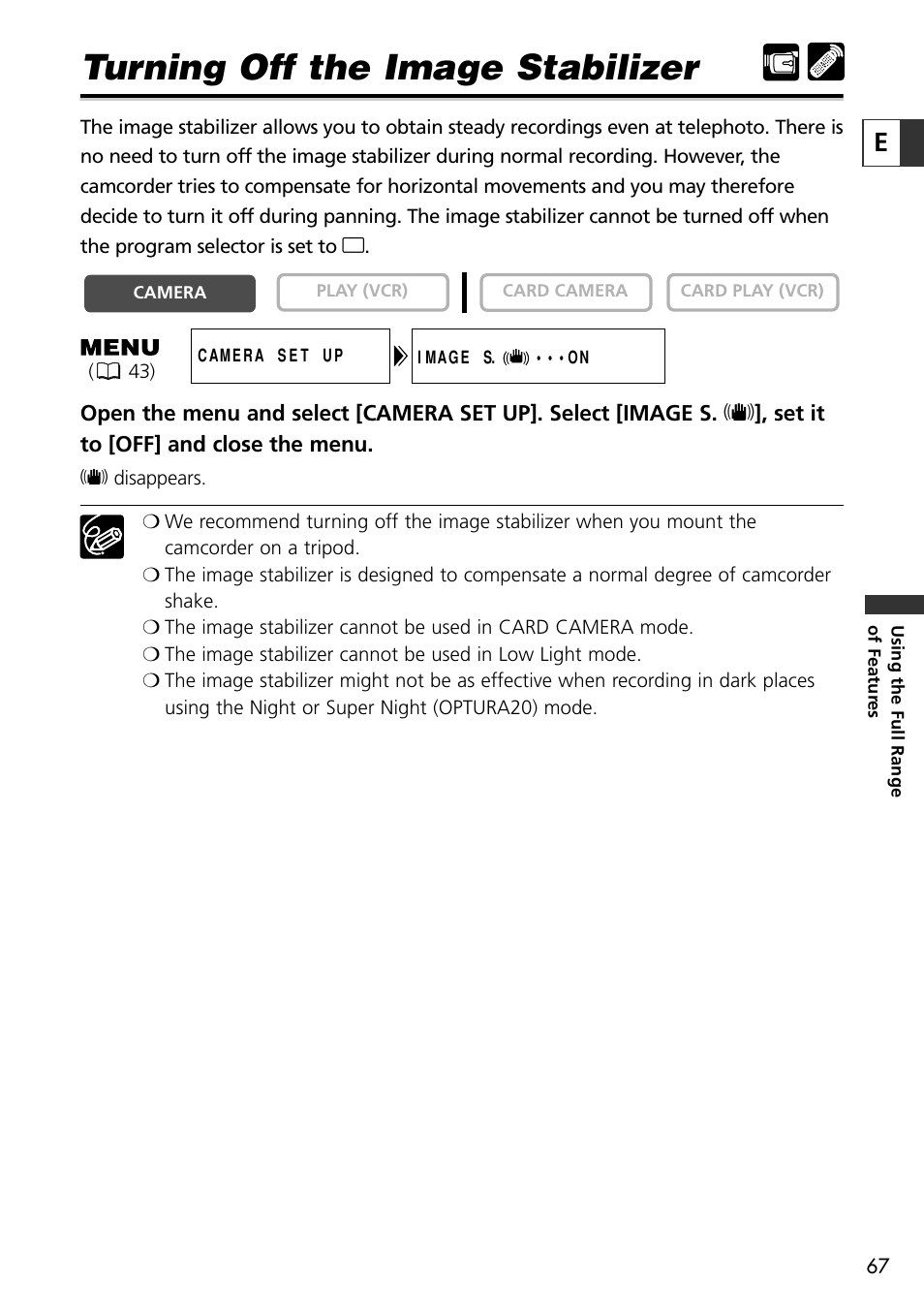 Turning off the image stabilizer | Canon OPTURA10 User Manual | Page 67 / 163