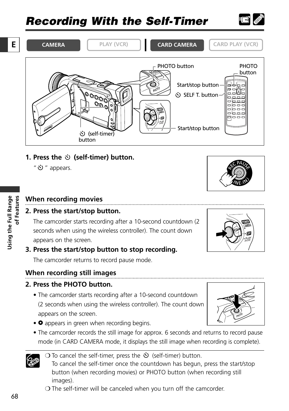 Recording with the self-timer | Canon OPTURA10 User Manual | Page 68 / 163