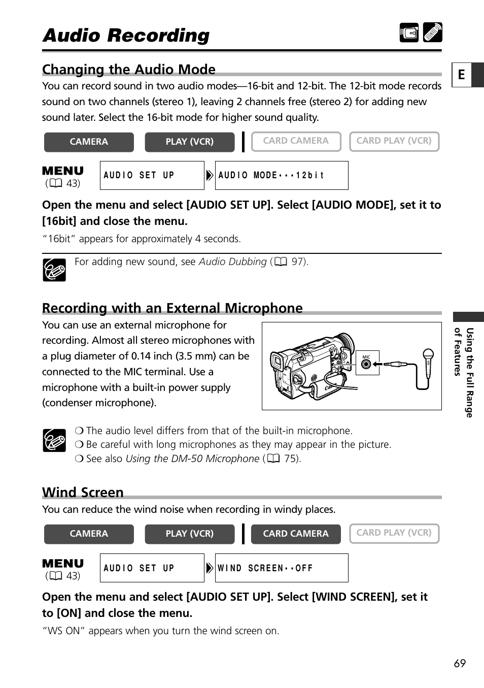 Audio recording, Changing the audio mode, Recording with an external microphone | Wind screen | Canon OPTURA10 User Manual | Page 69 / 163
