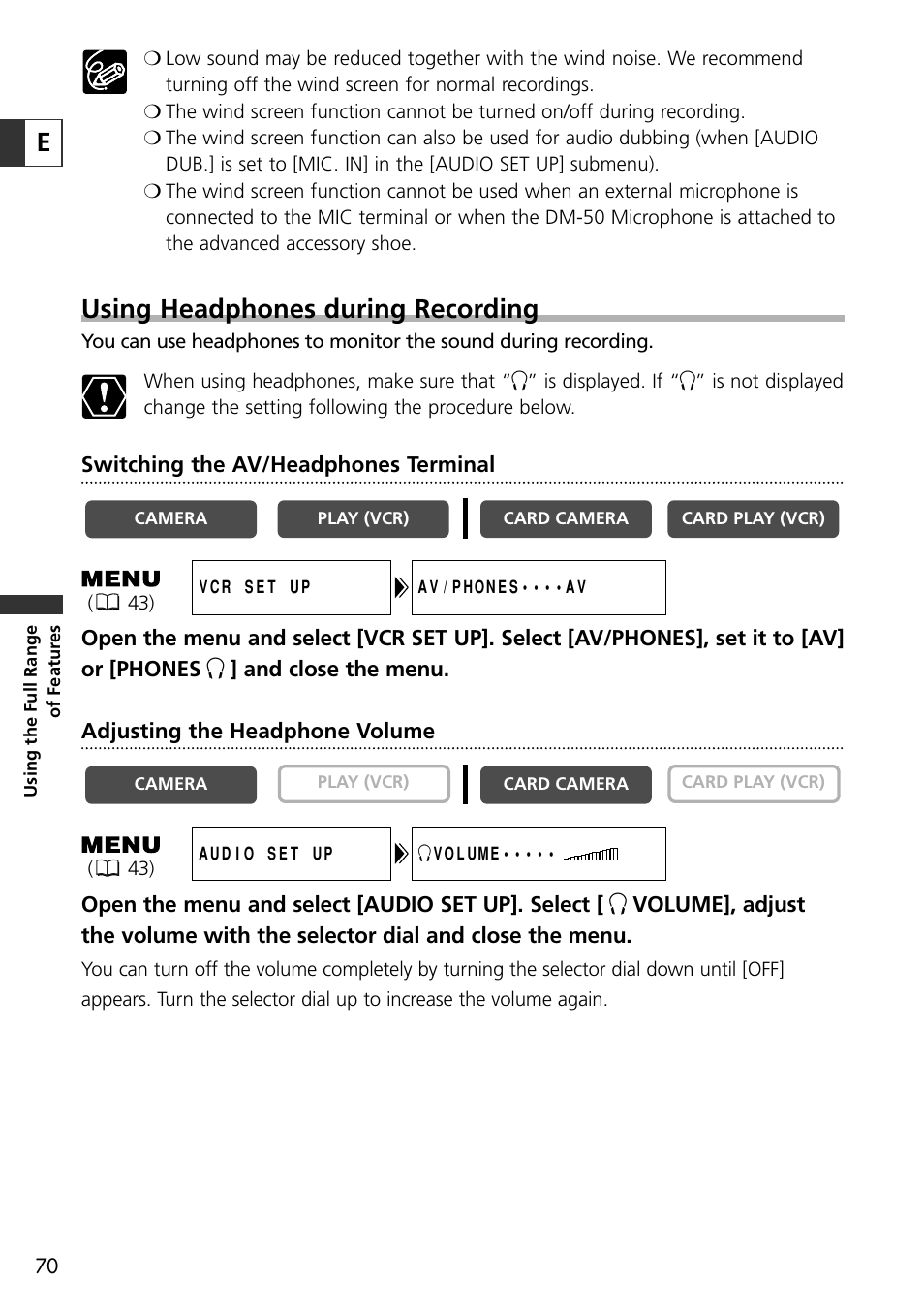 Using headphones during recording | Canon OPTURA10 User Manual | Page 70 / 163