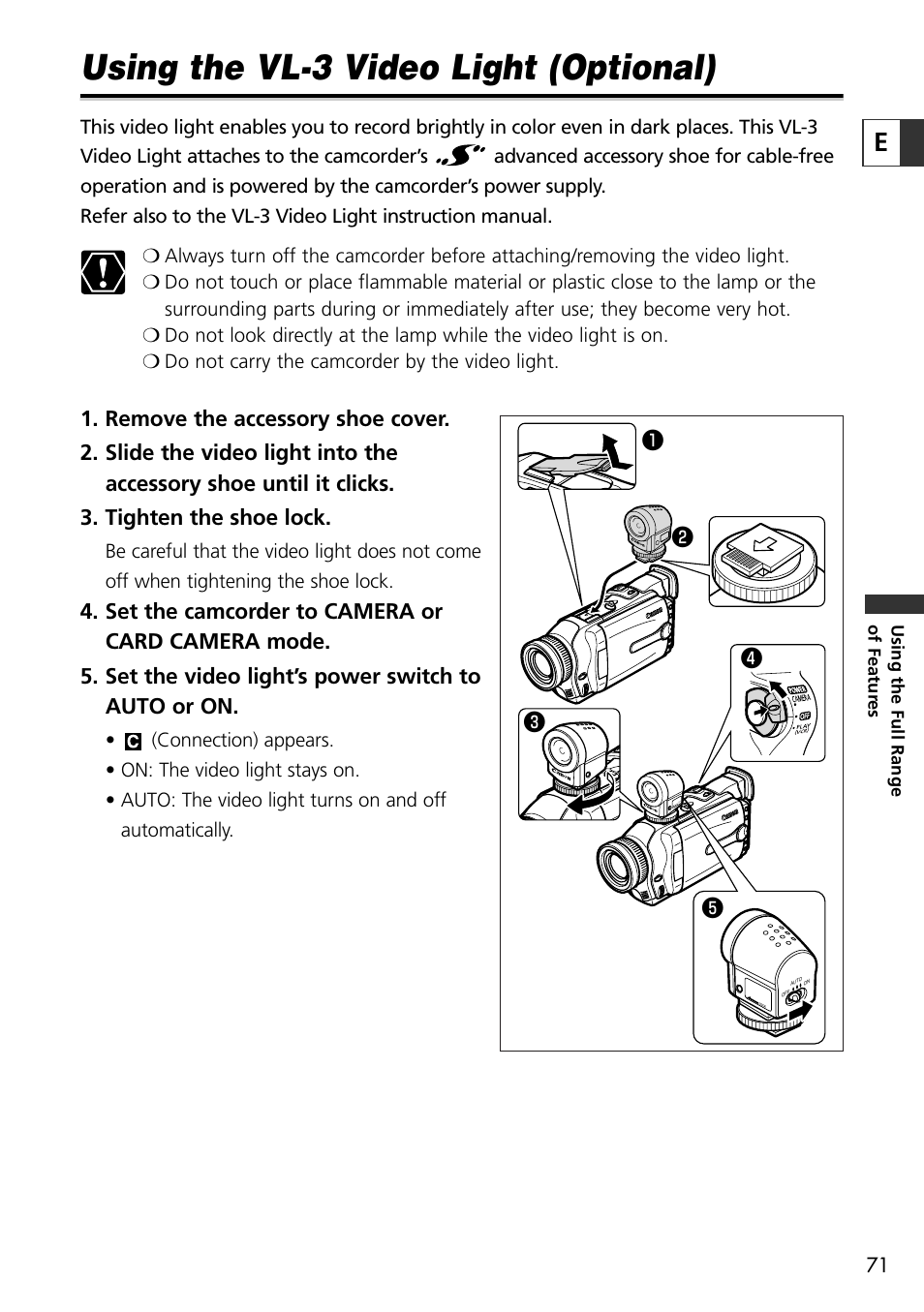 Using the vl-3 video light (optional), Tr w q e | Canon OPTURA10 User Manual | Page 71 / 163