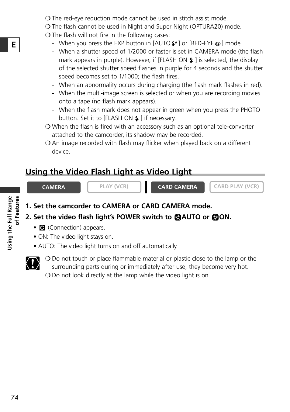 Using the video flash light as video light | Canon OPTURA10 User Manual | Page 74 / 163